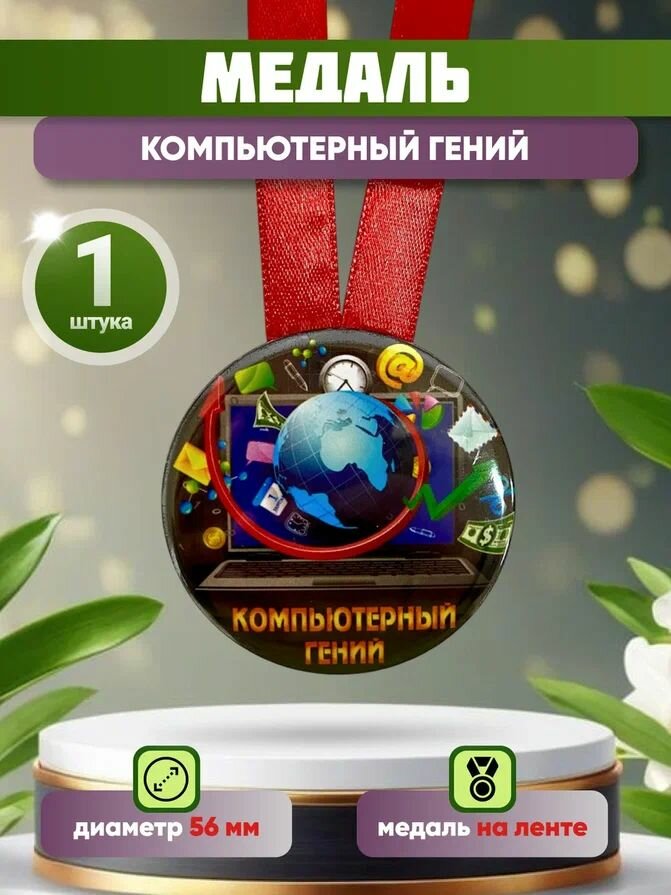 Шуточная медаль подарочная "Компьютерный гений" прикольная, на подарок мужчине