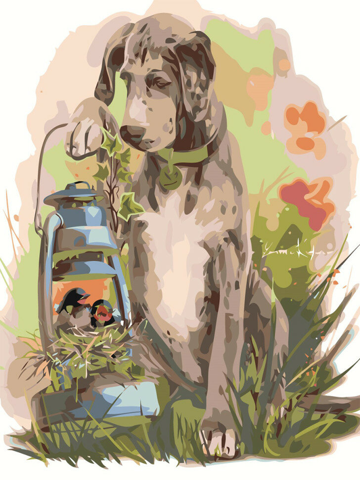 Картина по номерам "Собака с птичками" — фото 1