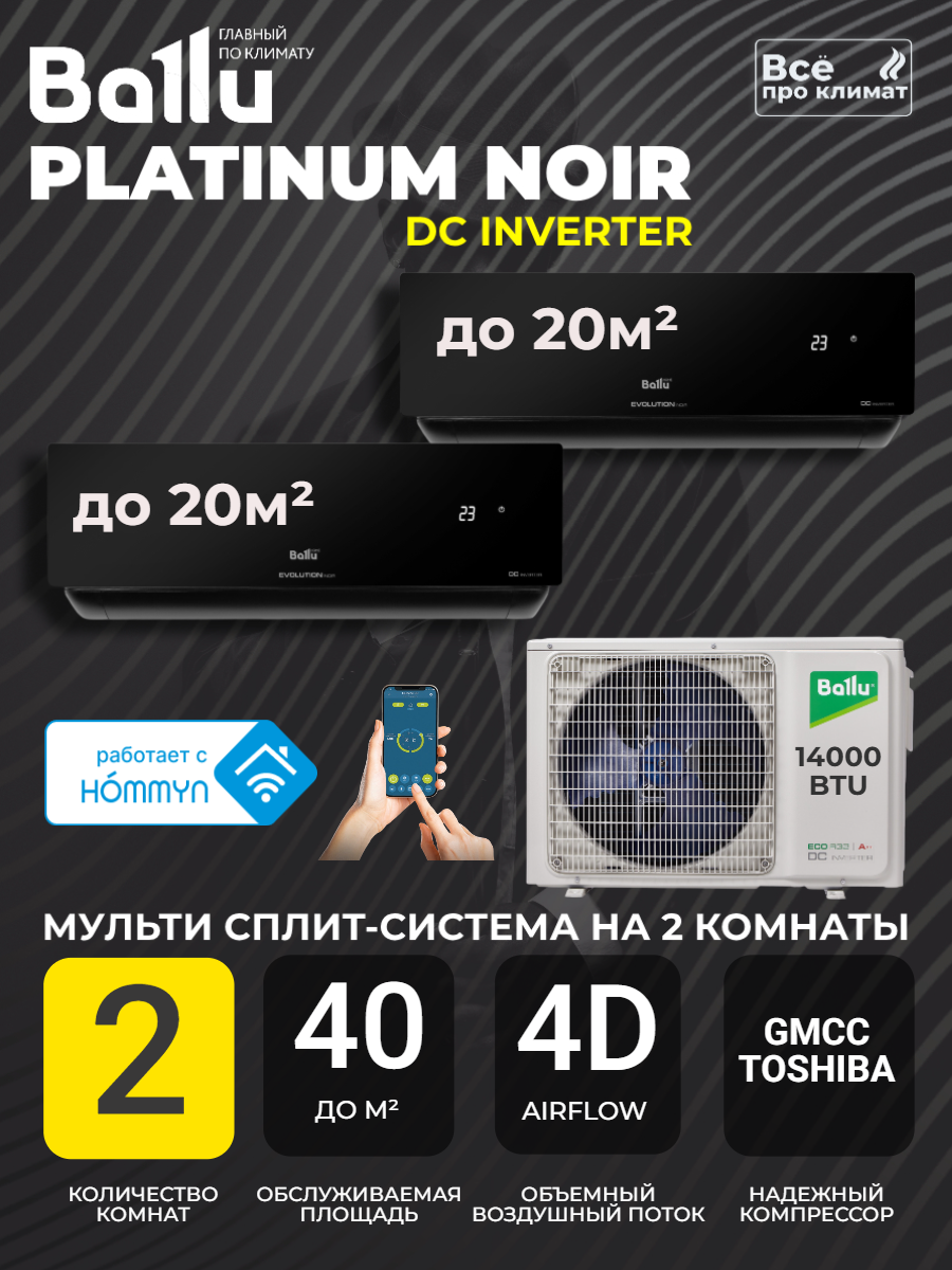 Инверторная мульти сплит-система BALLU на 2 комнаты (20 м2 + 20 м2) BA2OI-FM/out-14HN8/EU+2*BSUI-FM/in-07HN8/EU_BL, чёрный