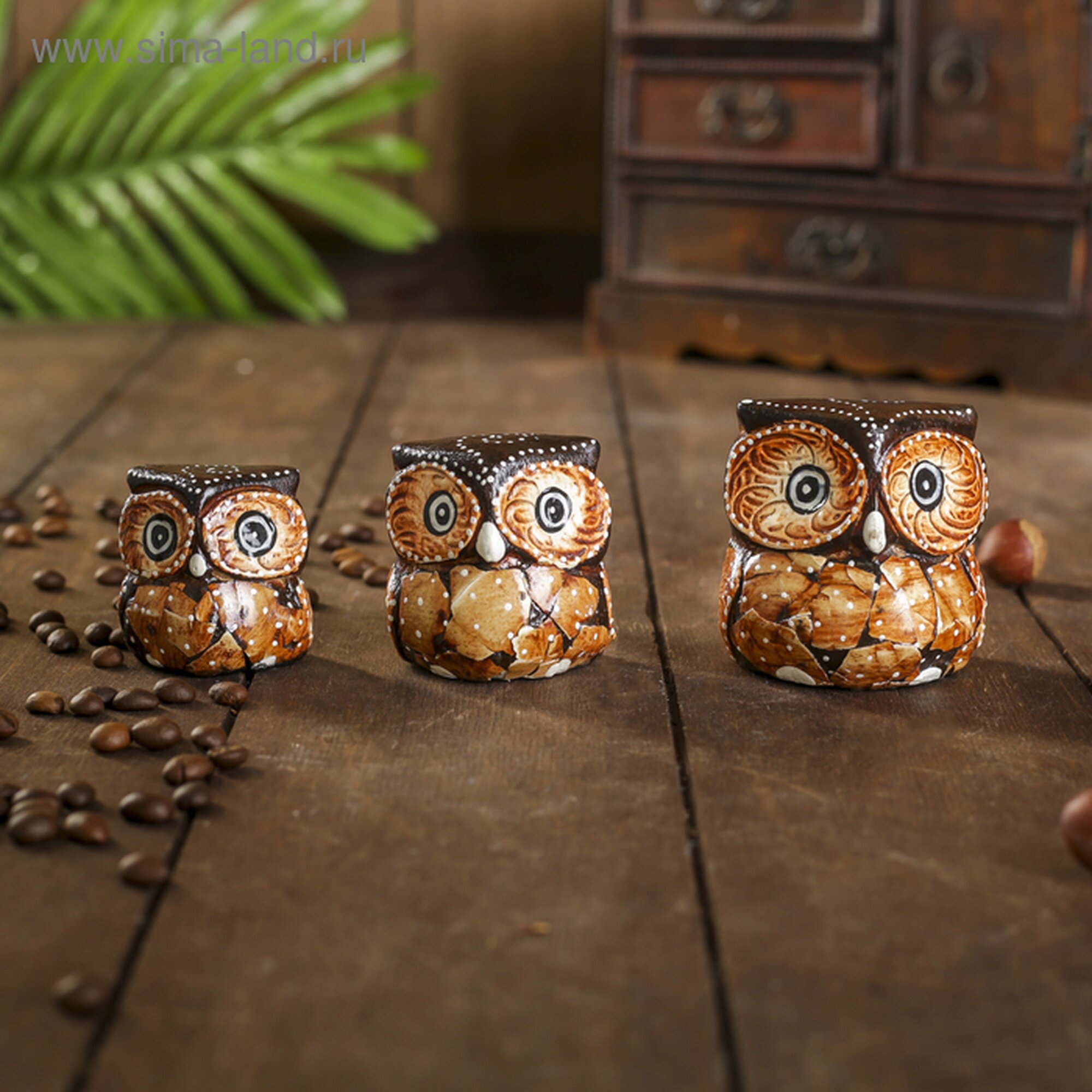 Сувенирный набор «Совы с листьями» 3 шт 6×14×7 см дерево