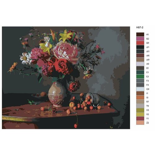 фото Картина по номерам н87 " натюрморт - композиция с цветами и черешней", 70x90 см brushes-paints