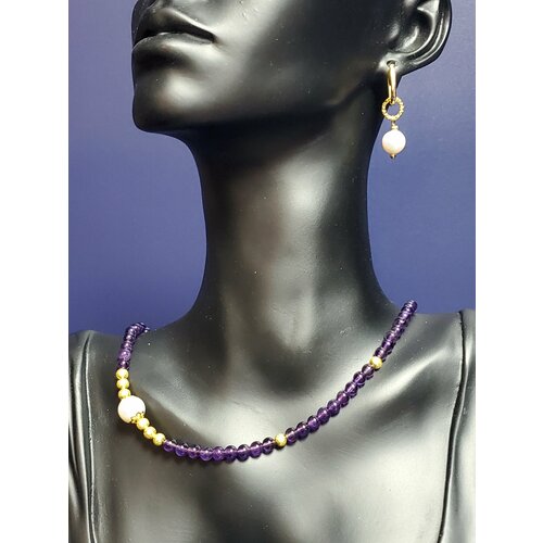 Колье аметист и жемчуг, жемчуг пресноводный, аметист, длина 40 см, фиолетовый, белый