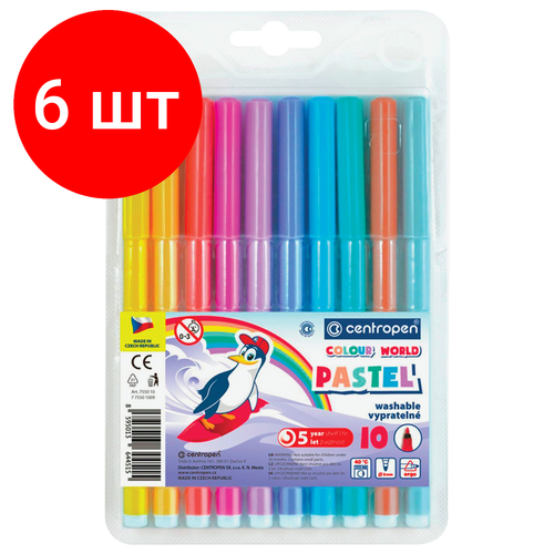 Комплект 6 шт, Фломастеры пастельные 10 цветов CENTROPEN Colour World Pastel, смываемые, 7550/10TP, 7 7550 1087