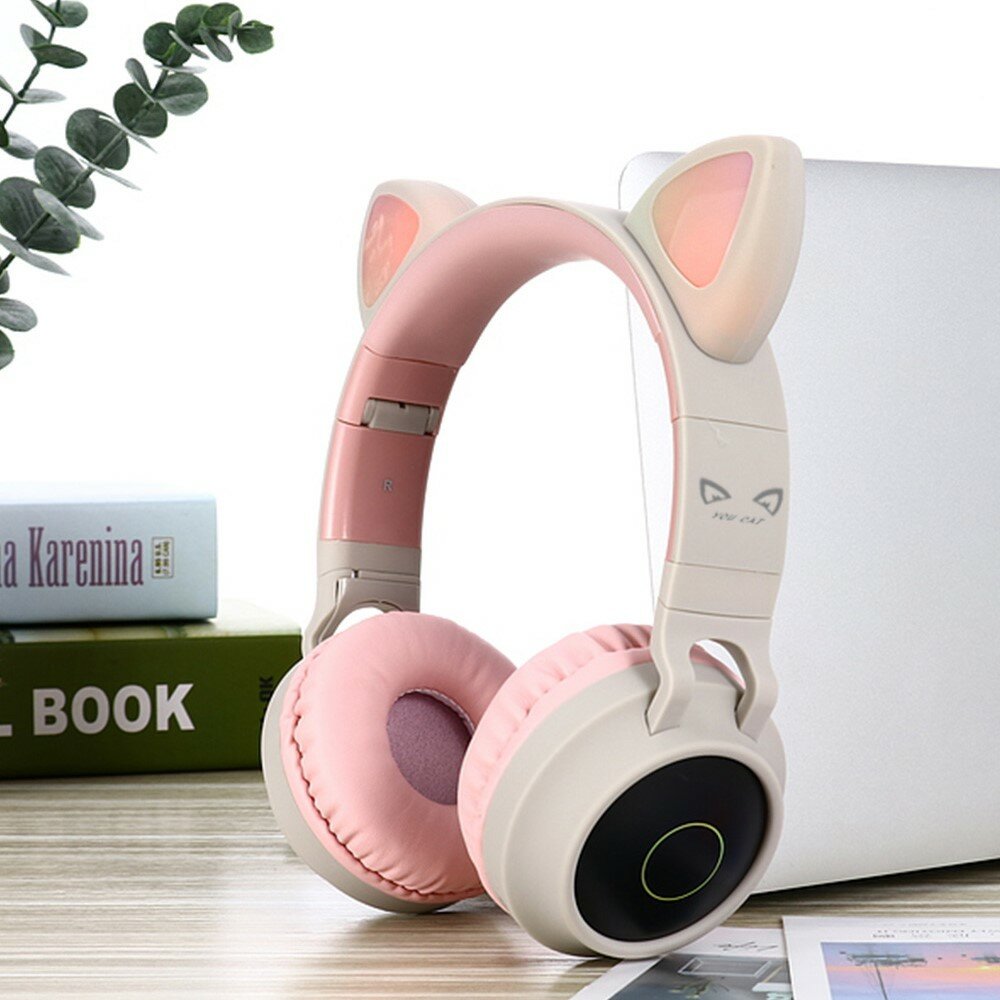 You Cat - BT028C Серые с розовым. Cat Ear Headphones, беспроводные наушники кошачьи ушки светящиеся, с поддержкой SD/FM.