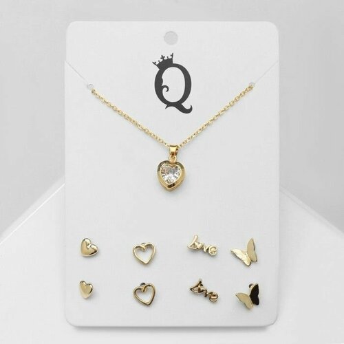 Комплект бижутерии Гарнитур 5 предметов: серьги (4 пары), кулон Минимал сердце, цвет золото, 40 см, золотой