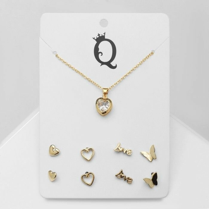 Комплект бижутерии Гарнитур 5 предметов: серьги (4 пары), кулон "Минимал" сердце, цвет золото, 40 см