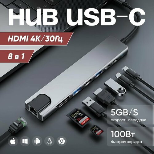 8 in 1 usb type c hub 30 Разветвитель с 4K HDMI PD кард-ридером RJ45 для ipad Macbook xiaomi ноутбука 158400₽