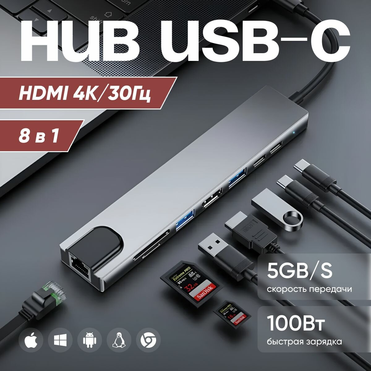 8 in 1 usb type c hub 3.0 Разветвитель с 4K HDMI, PD, кард-ридером, RJ45, для ipad, Macbook, xiaomi, ноутбука