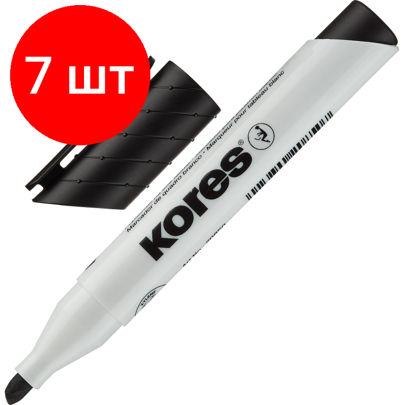 Комплект 7 штук, Маркер для белых досок KORES черный 3-5 мм скошенный наконечник "20850