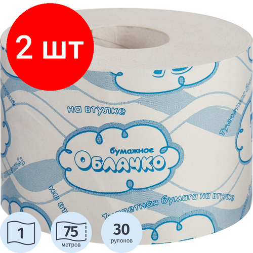 Комплект 2 упаковок, Бумага туалетная Бумажное облачко на втулке 1сл 75м 24рул/уп