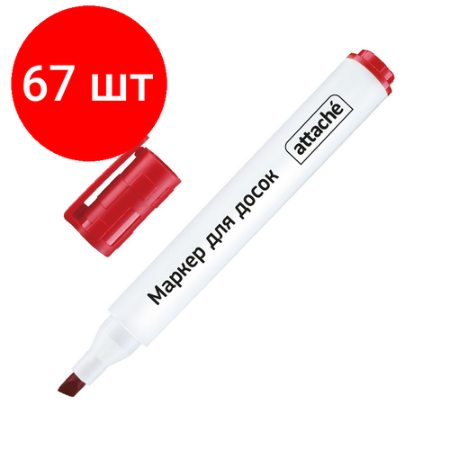 Комплект 67 штук, Маркер для белых досок Attache красный, со скошен ным наконечником, 1-5мм