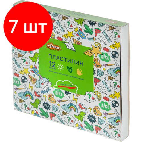 Комплект 7 наб, Пластилин классический №1 School Отличник 12 цв 240 г со стеком