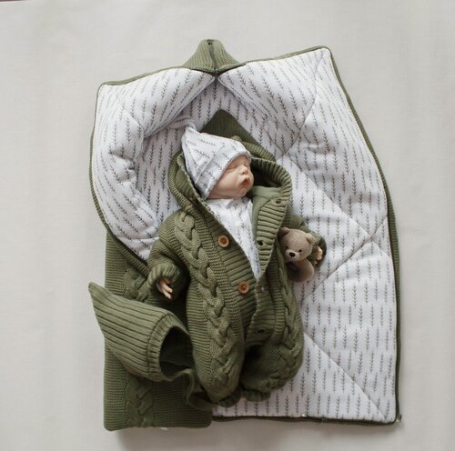 Изображение товара Демисезонный вязаный детский комплект на выписку, 3 предмета, 30% шерсть, MAMINY ZAPISKY, 62 размер (0-3мес), зеленый