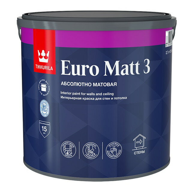 Краска акриловая TIKKURILA Euro Matt 3 база C для стен и потолков 2,7л бесцветная, арт.700001116