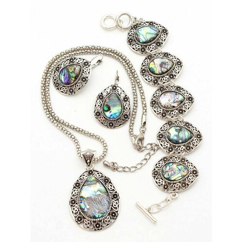 фото Комплект бижутерии камнедар: подвеска, браслет, серьги, перламутр, размер браслета 19 см, размер колье/цепочки 45 см, фиолетовый, синий