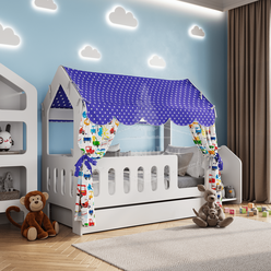 Кровать детская домик с текстилем и ящиком (синий с машинками, вход справа) "Классик"