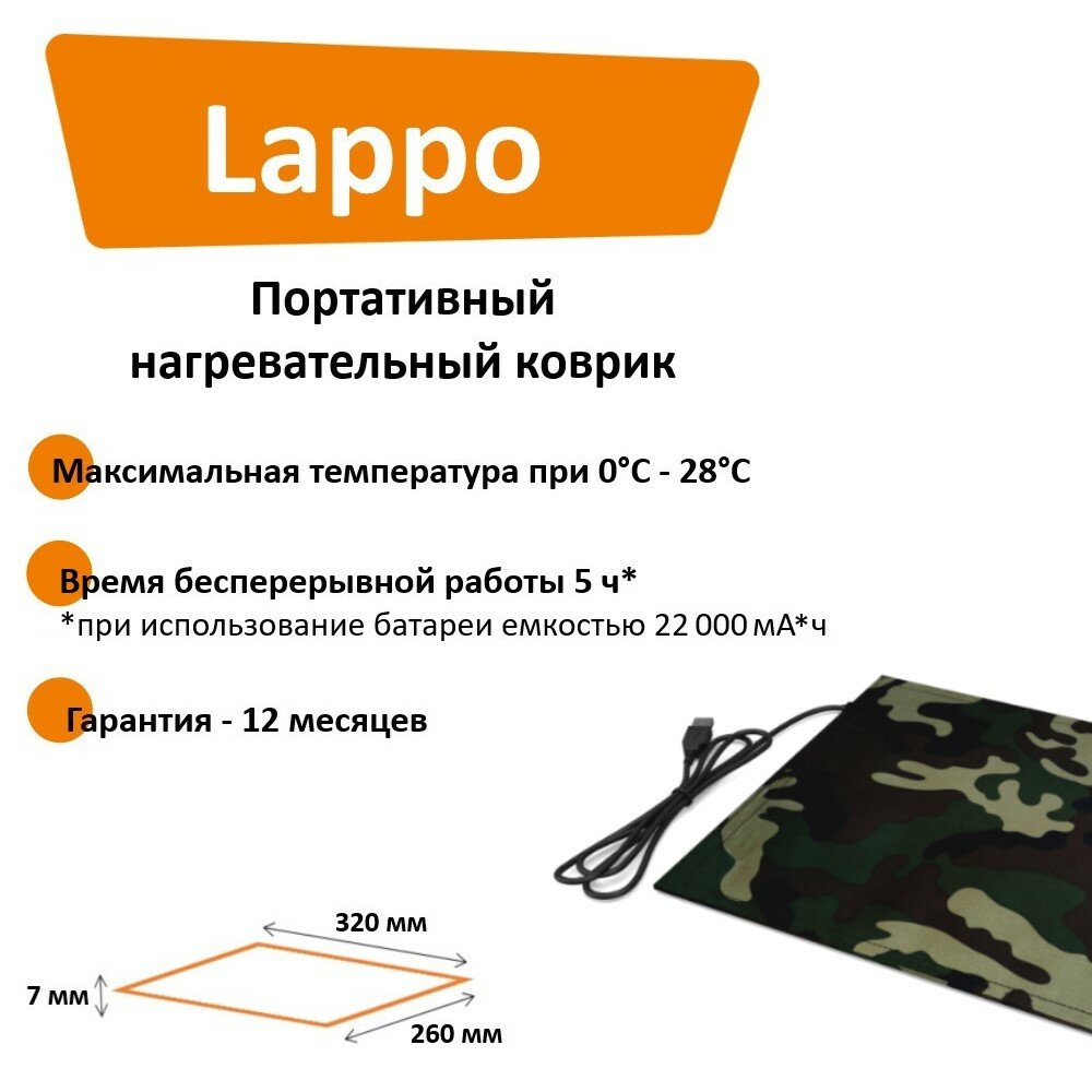 Коврик туристический с подогревом Lappo от USB (новая улучшенная версия) 32х26 см камуфляж