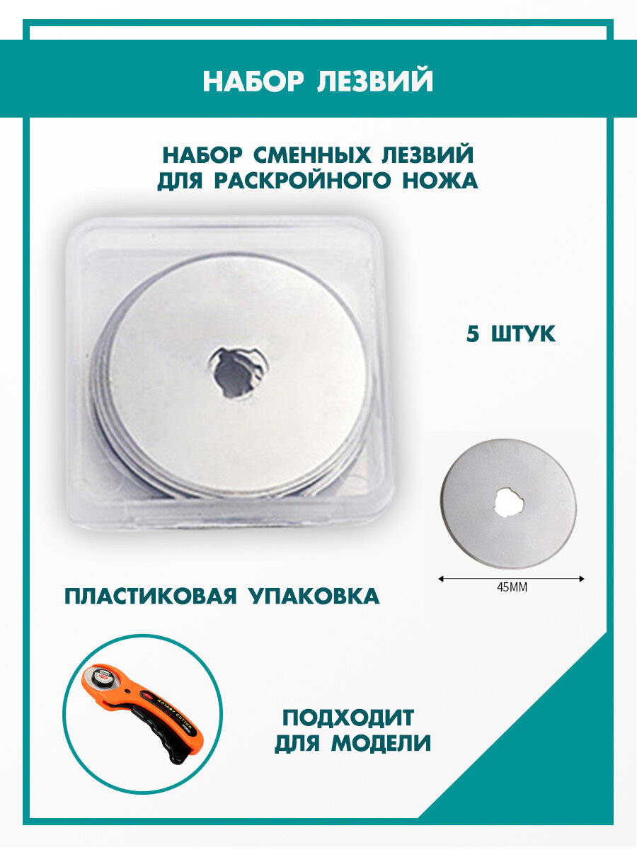 фото Набор круглых сменных лезвий для раскройного ножа 45 мм. Лезвия для резки из ткани и бумаги, художественных работ. Скрапбукинг, рукоделие, пэчворк.