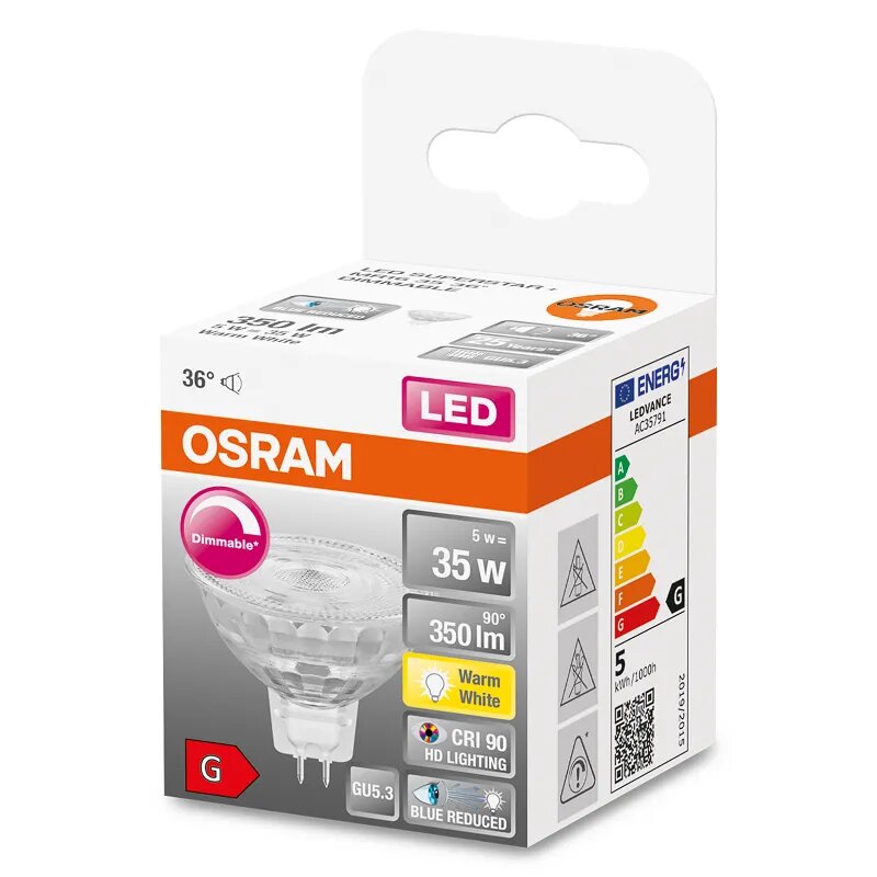 Лампочка OSRAM Софит 5Вт=35Вт12В GU5.3 MR16 350Лм 2700К Ra: ≥ 90 Узкий угол 36° Диммируемая Стекло уп.1шт