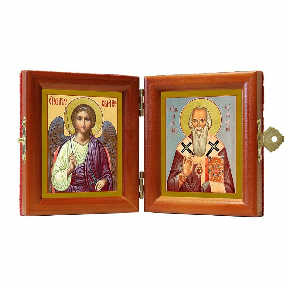 Складень именной "Святитель Николай (Велимирович), епископ Сербский - Ангел Хранитель", из двух икон 8*9,5 см