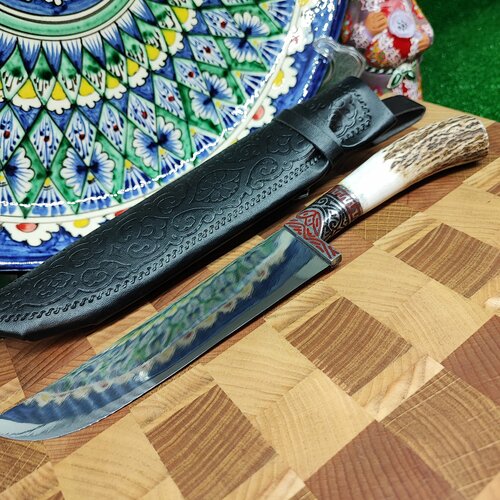 Нож узбекский - Пчак, клинок 15-16 см. нержавейка, рукоять - рог, цветной гюльбанд