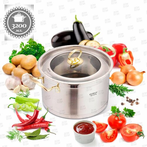 Кастрюля из нержавеющей стали 3,2 л со стеклянной крышкой 20 см для всех видов плит