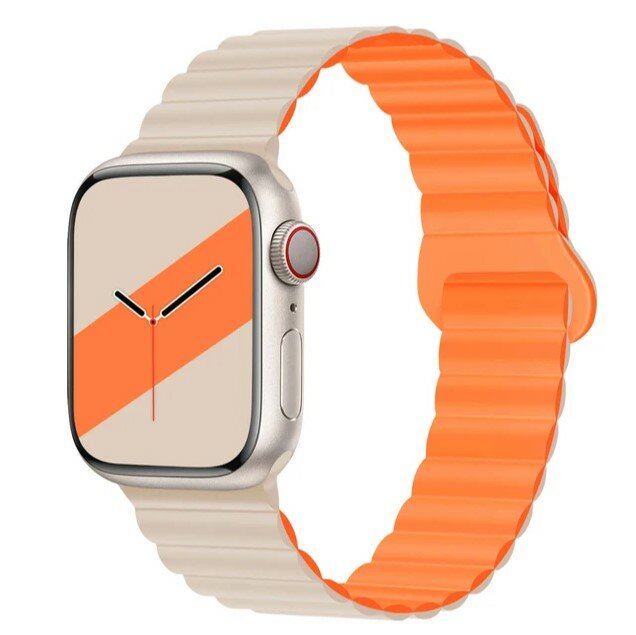 Магнитный спортивный силиконовый ремешок для умных смарт часов Apple Watch 42/44/45/49 mm series 1-9 , бежевый-оранжевый