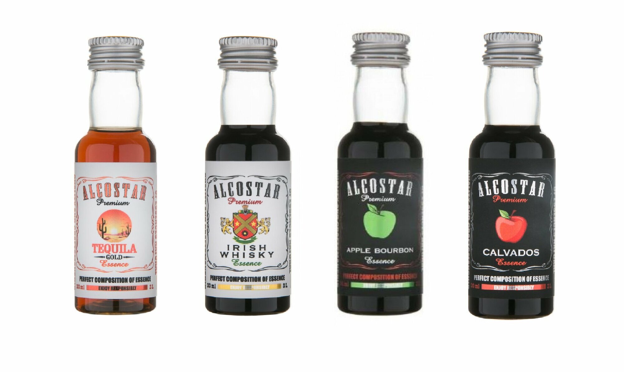 Набор эссенции Alcostar Premium Irish whisky, Apple bourbon, Gold Teguila, Calvados (Ирландский виски, Яблочный бурбон, Золотая Текилла, Кальвадос))