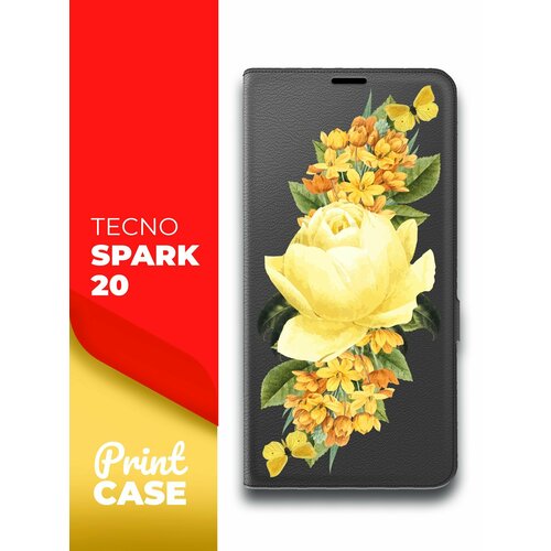 Чехол на Tecno Spark 20 (Техно Спарк 20) черный книжка эко-кожа подставка отделением для карт и магнитами Book case, Miuko (принт) Желтые Розы чехол на tecno spark 20 техно спарк 20 черный книжка эко кожа подставка отделением для карт и магнитами book case miuko принт бледные цветы