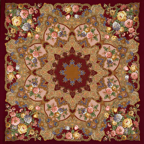 фото Платок павловопосадская платочная мануфактура,148х148 см, горчичный, бордовый