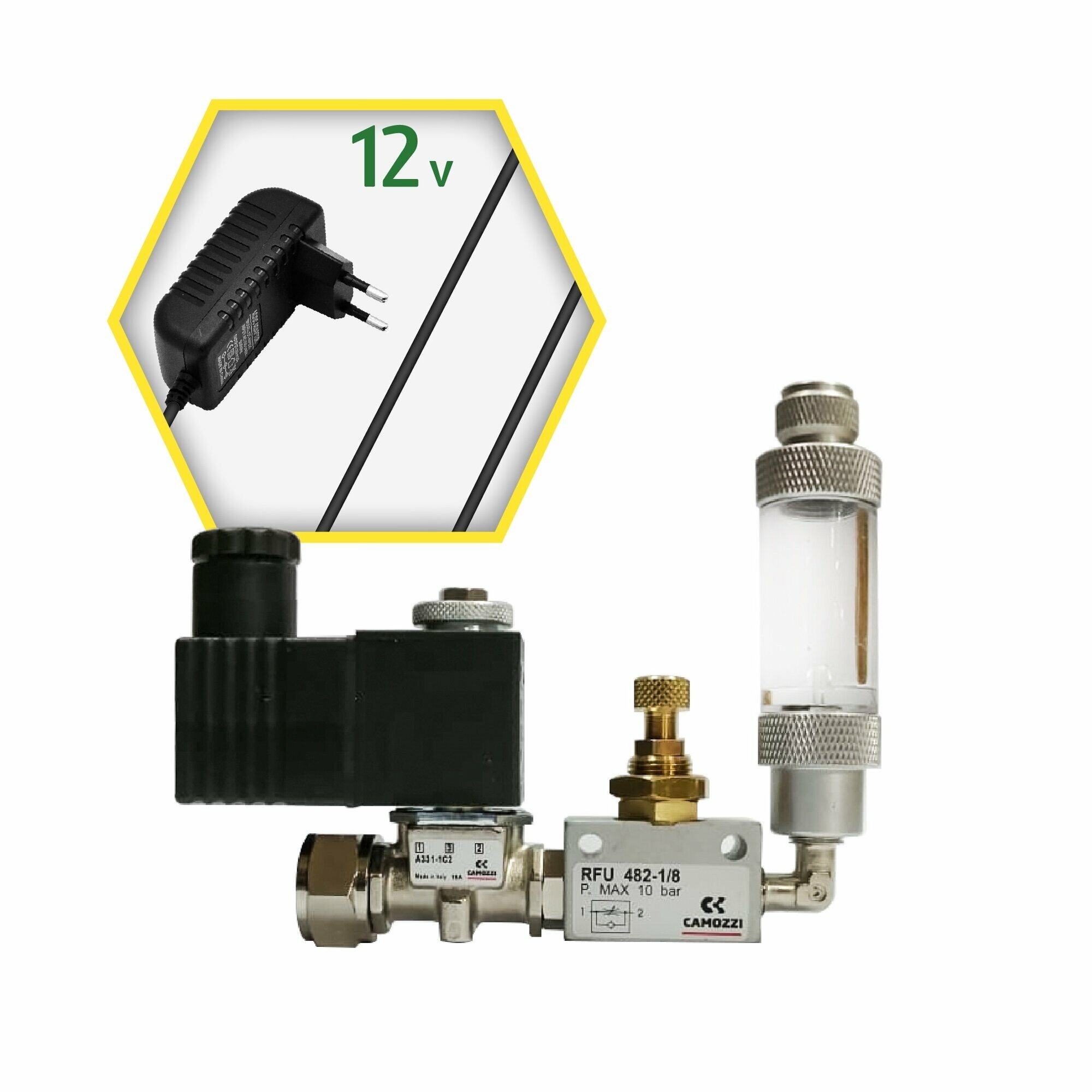 Сборка CAMOZZI с электромагнитным клапаном+счетчик пузырьков, кран RFO, 12V для подачи СО2 в аквариум