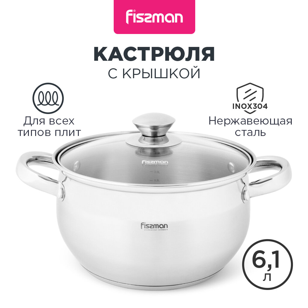 Кастрюля Fissman PRIME 24x13,5 см / 6,1 л со стеклянной крышкой (нерж.сталь) (5514)