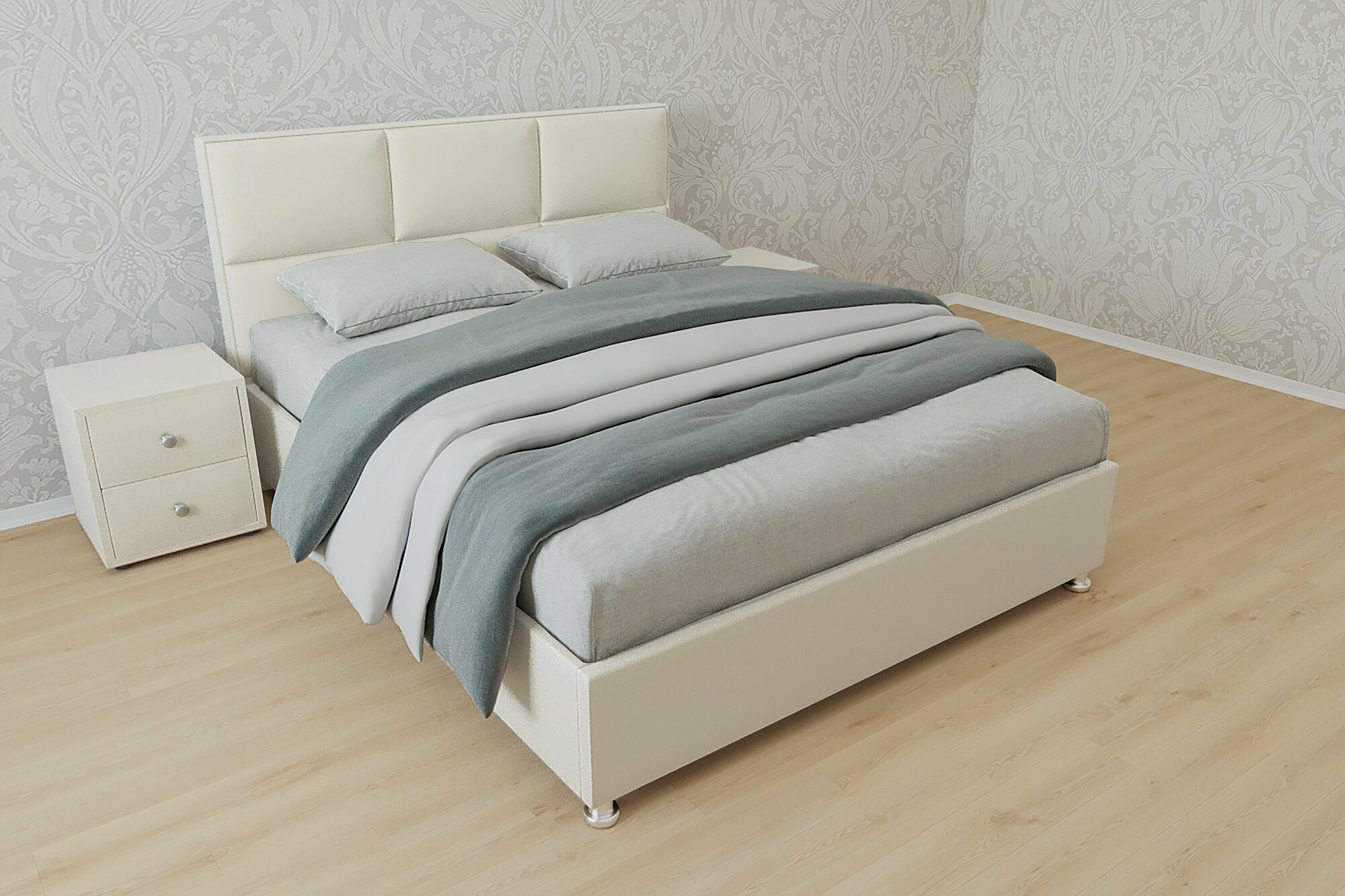 Двуспальная кровать Корсика с матрасом 140x200 основание металлическое с ламелями велюр белый без ножек