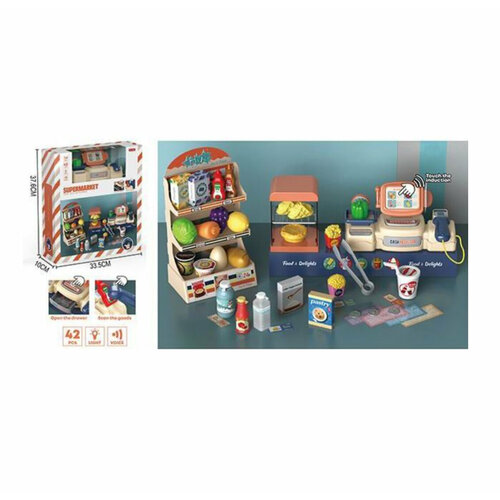 фото Набор 'супермаркет' 42 предмета (свет, звук) в коробке касса, стеллаж(2), щипцы, продукты(24), монеты, банкноты supermarket