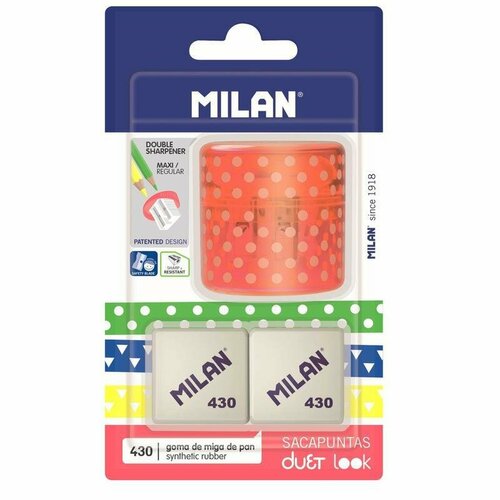 набор точилка milan collection и 4 ластика каучуковые 28x28x13мм bym10273 12 уп Набор точилка красная Milan Duet Look и 2 ластика (каучуковые, 28x28x13мм), 12 уп.