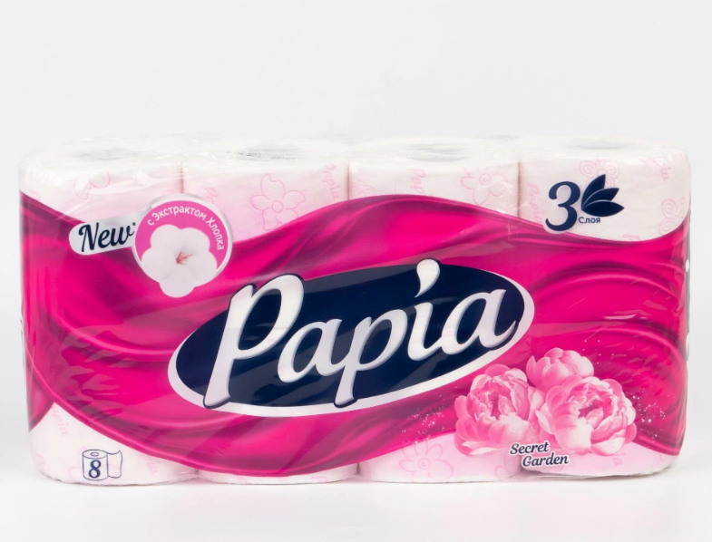 Туалетная бумага Papia белая трехслойная 8 рул, белый/розовый, таинственный сад