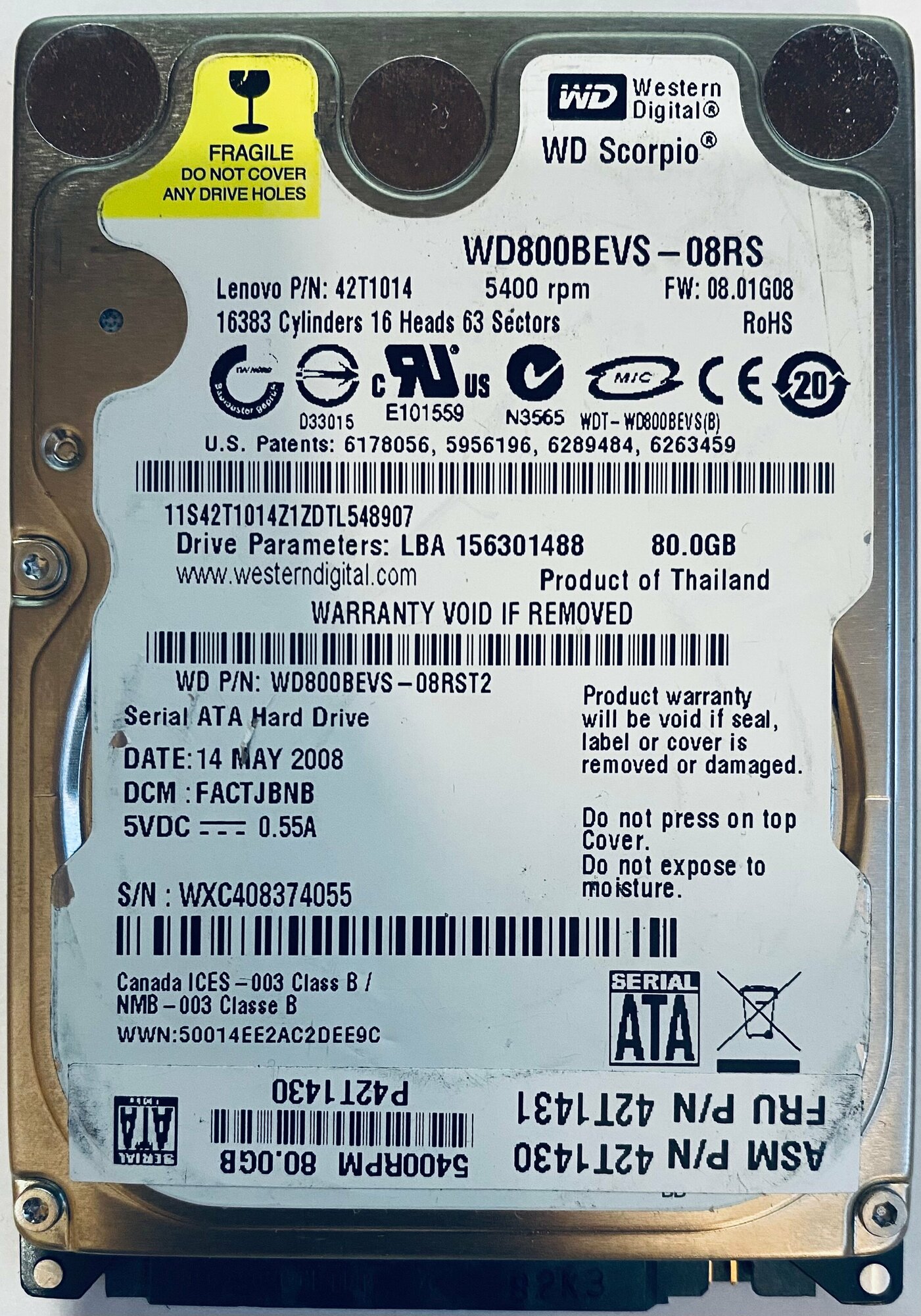 Жесткий диск Western Digital 80 Гб WD800BEVS-08RS