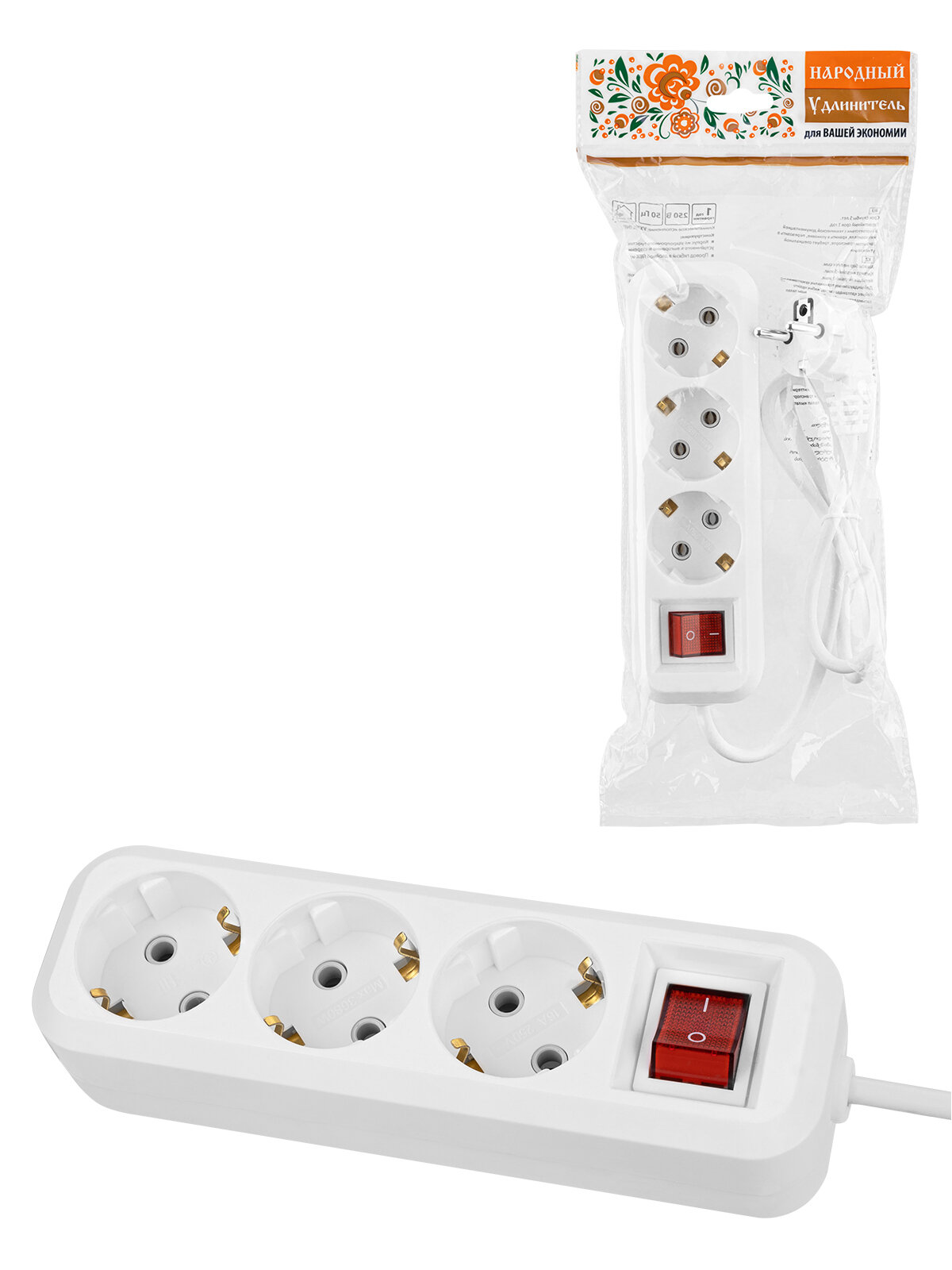 фото Удлинитель 3 гнезда, 10 метров, с/з, выкл, 16 А, 3680 Вт, белый, народный