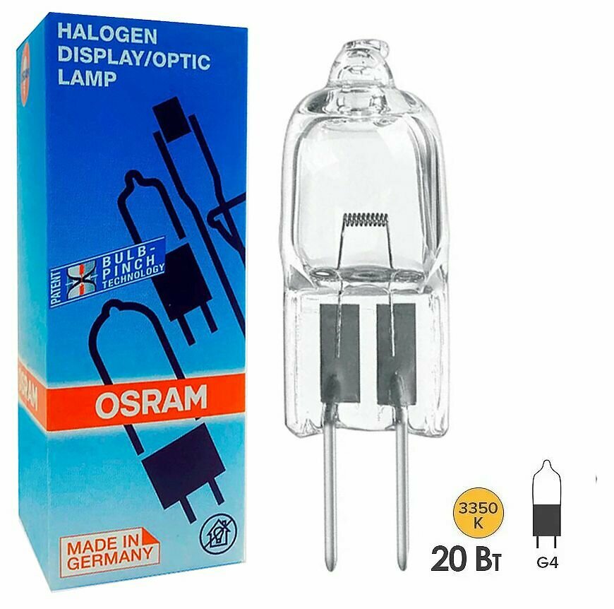 фото Лампа Галогенная Капсула 20Вт 6В G4 460Лм 3350К Теплый белый 642506V20WG4 d9x31mm 100h - лампа OSRAM , уп. 1шт