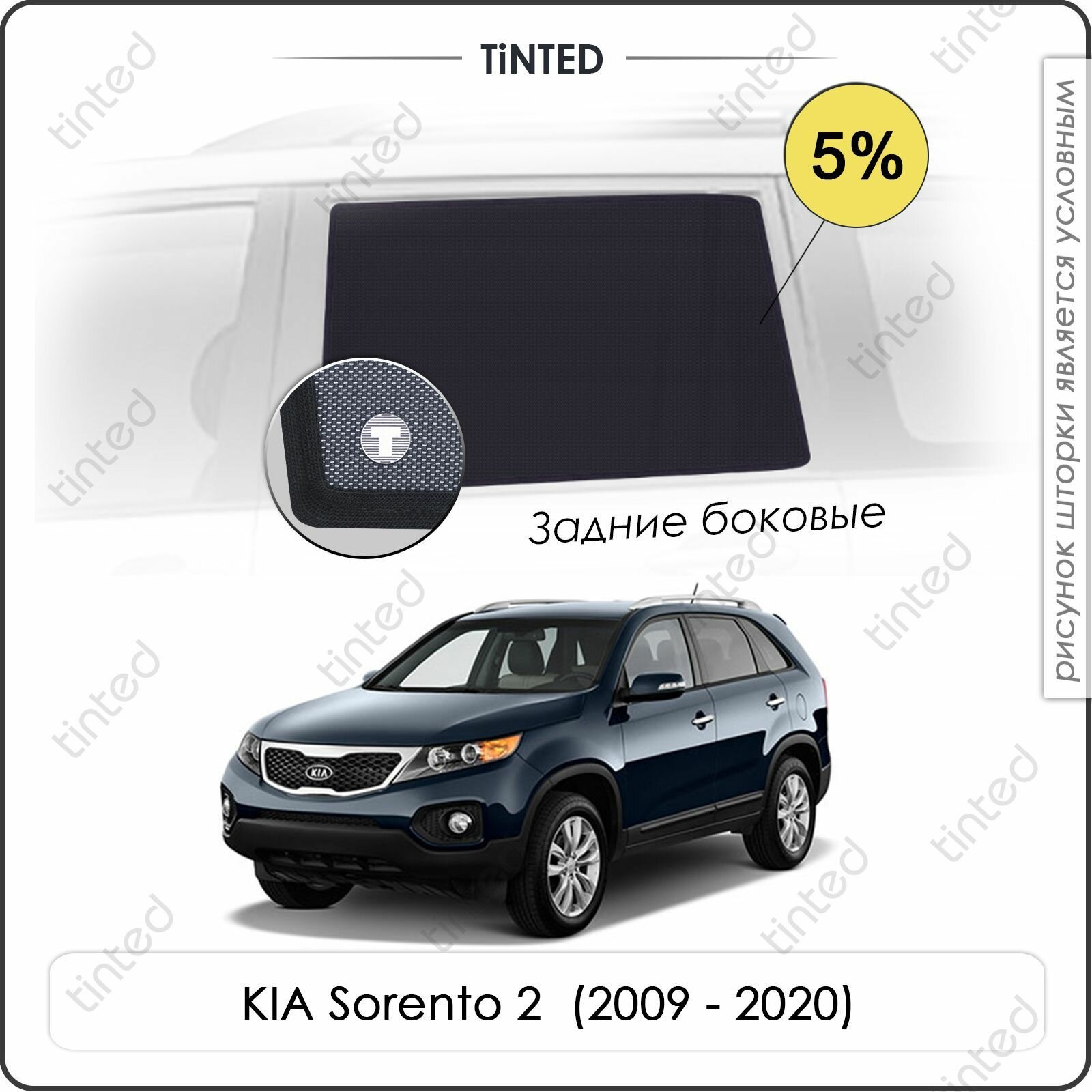 Шторки на автомобиль солнцезащитные KIA Sorento 2 Кроссовер 5дв. (2009 - 2021) на задние двери 5% сетки от солнца в машину КИА соренто Каркасные автошторки Premium