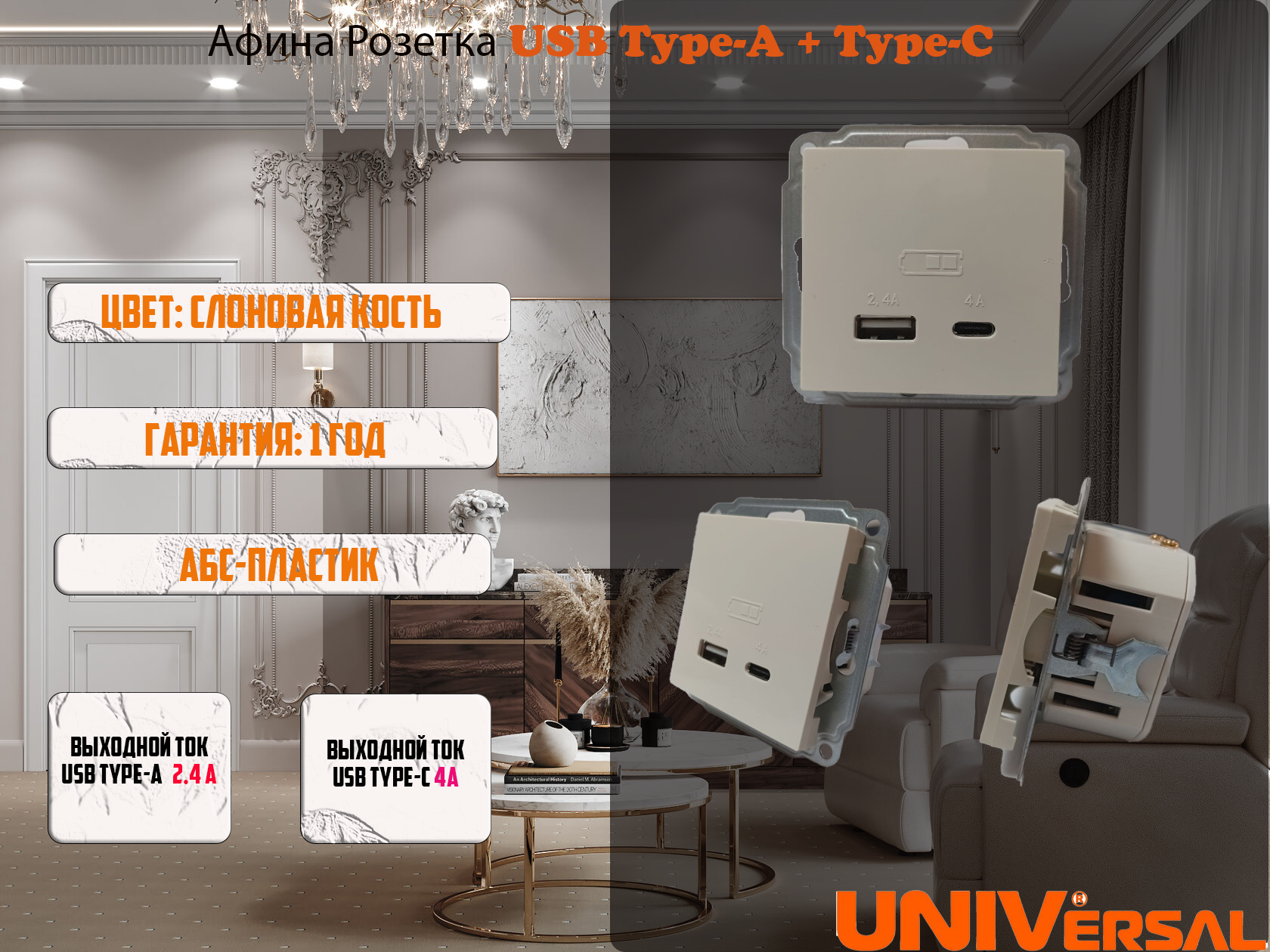 Розетка USB Type-A + Type-C 