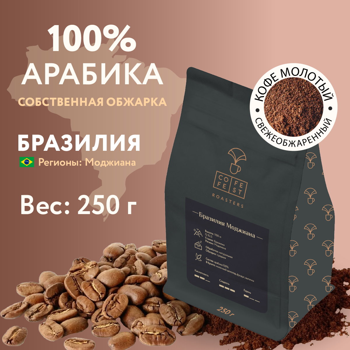 Кофе молотый CofeFest Бразилия Моджиана 100% Арабика свежеобжаренный 250 г