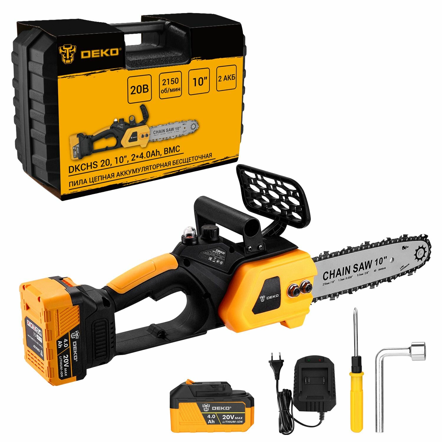 фото Пила цепная аккумуляторная бесщеточная в кейсе DEKO DKCHS 20, 10", 20В, 2x4.0Ач, з/у