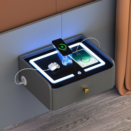 Тумба прикроватная подвесная LevelMore, с зарядкой и подсветкой, 46х37х20 см