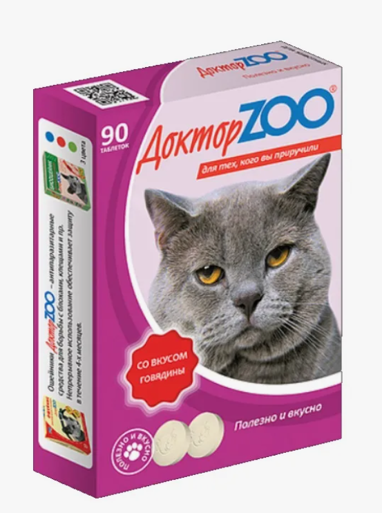 Мультивитаминное лакомство для кошек Доктор ZOO cо вкусом говядины, 90 шт