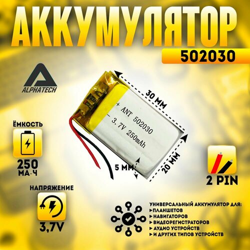 Аккумулятор (батарея) универсальный, Li-Pol, 502030, 5*20*30мм 2pin 3.7V/250mAh