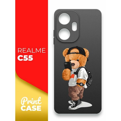 Чехол на Realme C55 (Реалми С55) черный матовый силиконовый с защитой (бортиком) вокруг камер, Miuko (принт) Мишка Смартфон чехол на realme c55 реалми с55 черный матовый силиконовый с защитой бортиком вокруг камер miuko принт тигр в короне