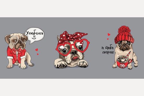 Изображение товара Набор кухонных полотенец "Мопсы", хлопок 100%, рогожка, 50 x 60 см, 3шт