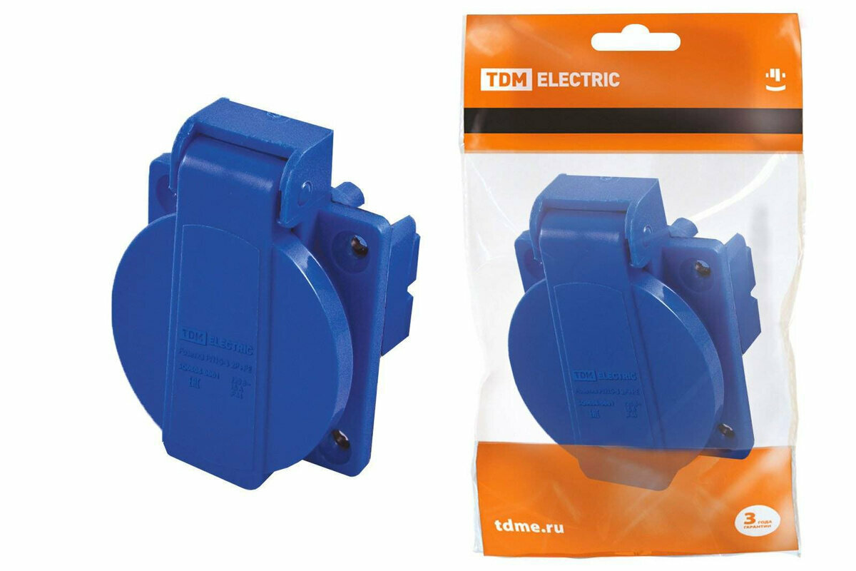 Панельная розетка с крышкой для скрытой установки TDM ELECTRIC РП10-3 IP44 16А 2Р+РЕ 220В SQ0606-0001