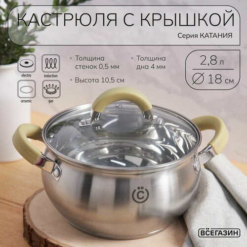 Кастрюля 2,8 л. для индукционной плиты всёгазин Катания18х10,5см. со стеклянной крышкой